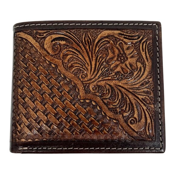 American Bison Men's Hand Tooled Brown Leather Bifold Wallet Floral Weave - Picture 1 of 10